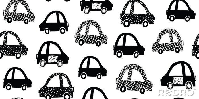 Behang Kids seamless pattern with black white cute cars