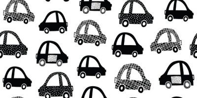Behang Kids seamless pattern with black white cute cars