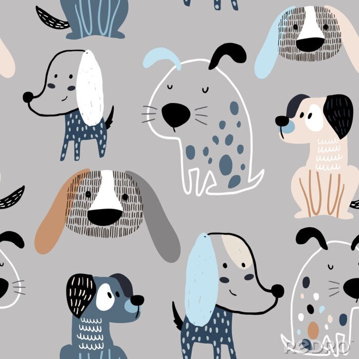 Behang Kinderachtig naadloos patroon met grappige creatieve honden. Trendy Scandinavische vector achtergrond. Perfect voor kinderkleding, stof, textiel, kinderkamerdecoratie, inpakpapier