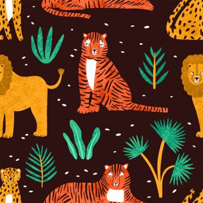Behang Kinderachtig naadloos patroon met grappige leeuwen, tijgers, luipaarden en bladeren van tropische planten op donkere achtergrond. Achtergrond met schattige wilde exotische roofdieren. Kleurrijke vecto
