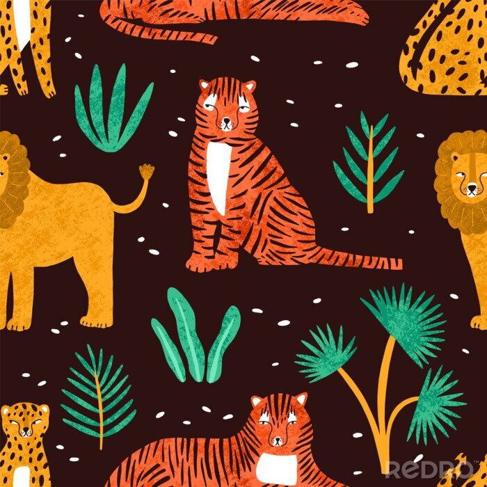 Behang Kinderachtig naadloos patroon met grappige leeuwen, tijgers, luipaarden en bladeren van tropische planten op donkere achtergrond. Achtergrond met schattige wilde exotische roofdieren. Kleurrijke vecto