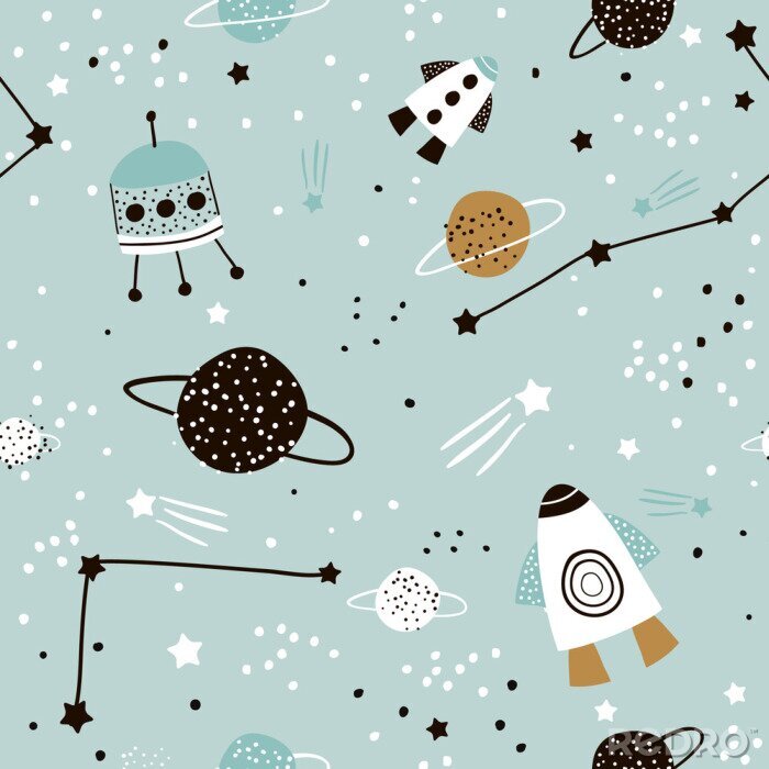 Behang Kinderachtig naadloos patroon met hand getrokken ruimte elementenruimte, raket, ster, planeet, ruimtesonde. Trendy kinderen vector achtergrond.