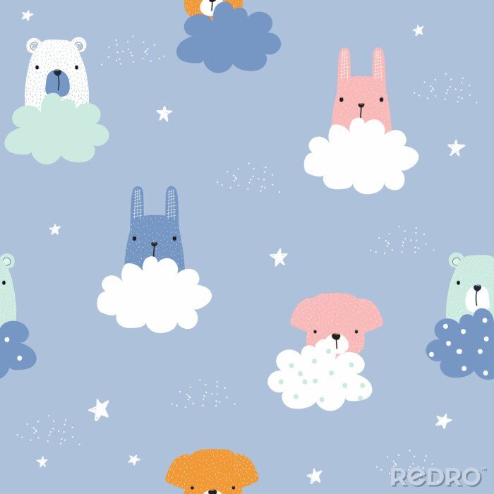 Behang Kinderachtig naadloos patroon met schattige dieren en wolken. Vector hand getrokken illustratie.