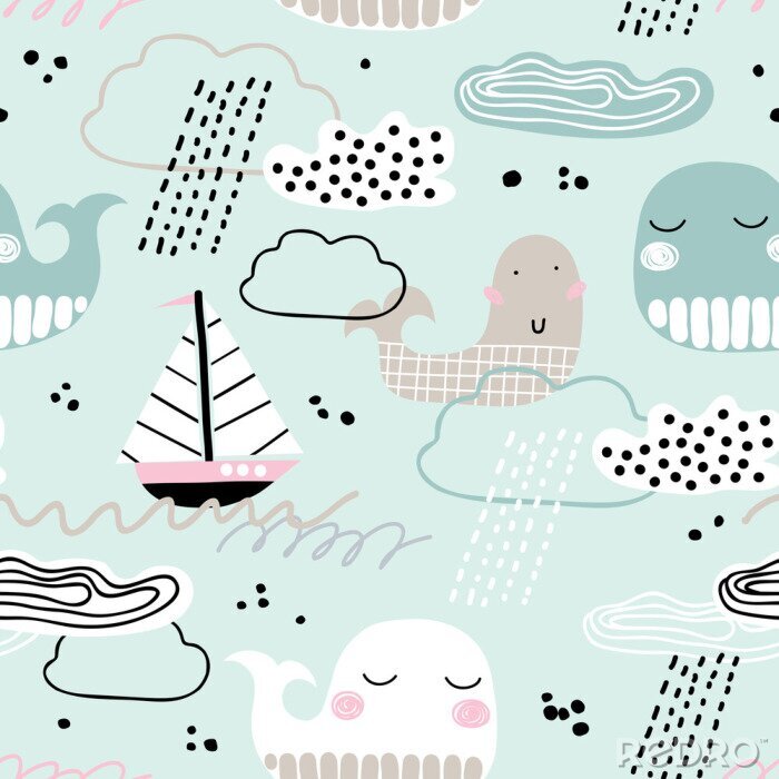 Behang Kinderachtig naadloos patroon met walvis, boot, wolken en golven. Scandinavische stijl. Zomer jachthaven achtergrond. Perfect voor stof, textiel. Vector achtergrond. Pastelkleuren