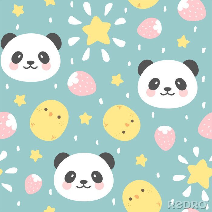 Behang Kinderpatroon schattige panda's en kippen