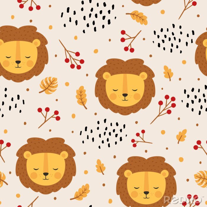 Behang Kinderpatroon van leeuwen en herfstbladeren