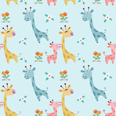 Behang Kinderpatroon vrolijke giraffen en bloemen