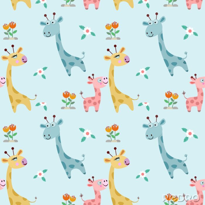 Behang Kinderpatroon vrolijke giraffen en bloemen