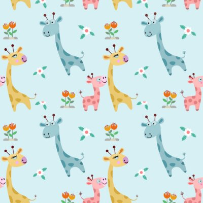 Behang Kinderpatroon vrolijke giraffen en bloemen
