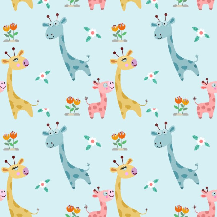 Behang Kinderpatroon vrolijke giraffen en bloemen