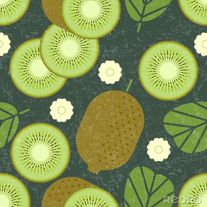 Behang Kiwi naadloos patroon. Geheel en gesneden kiwivruchten met bladeren en bloemen op sjofele achtergrond. Originele eenvoudige vlakke illustratie. Shabby stijl.