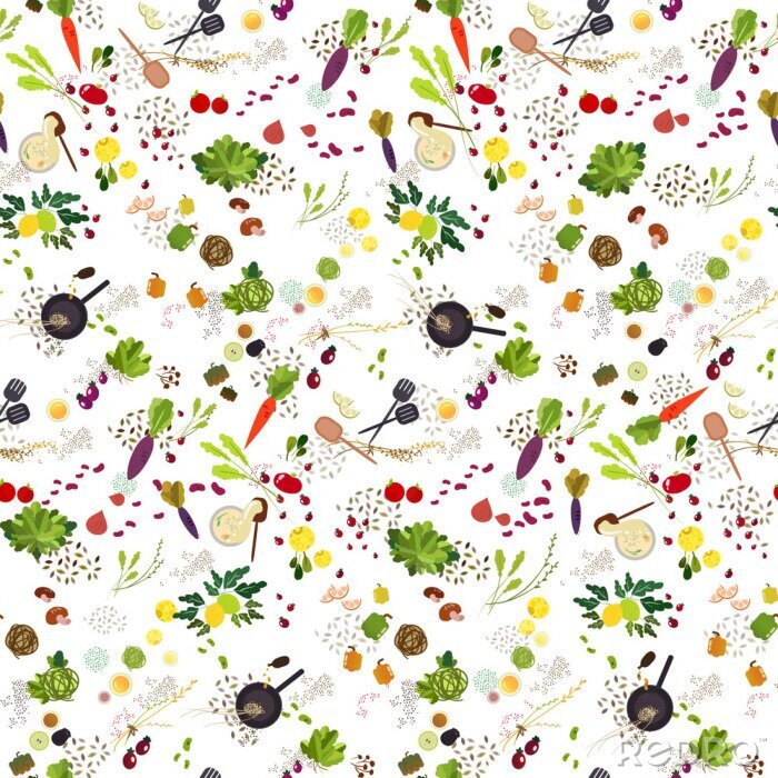 Behang Kleine kleurrijke groenten en fruit op een witte achtergrond