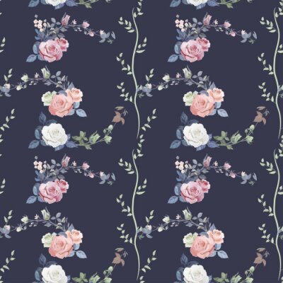 Behang Kleine romantische rozen op een donkerblauwe achtergrond