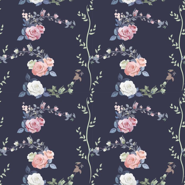 Behang Kleine romantische rozen op een donkerblauwe achtergrond