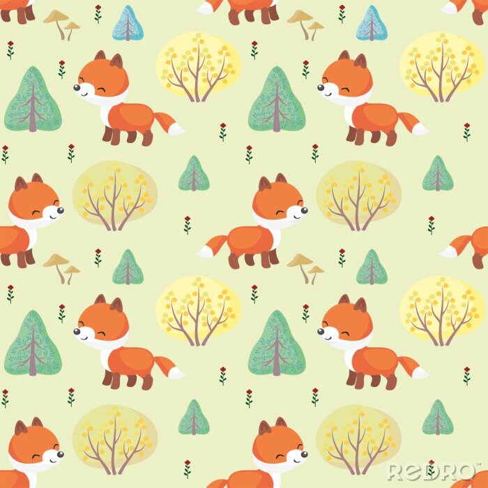 Behang Kleine vossen tussen groene bomen