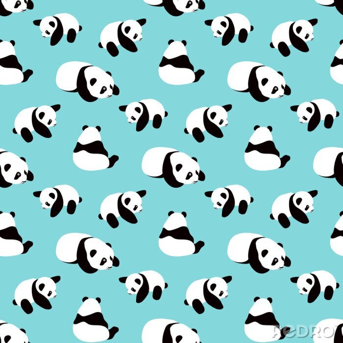 Behang Kleine zwart-witte panda's op een blauwe achtergrond
