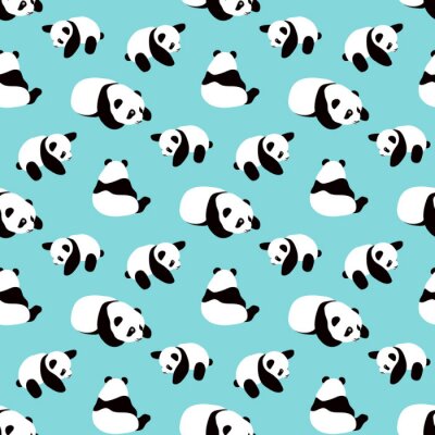 Behang Kleine zwart-witte panda's op een blauwe achtergrond
