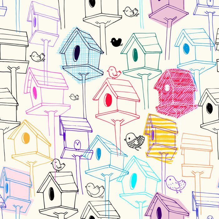 Behang Kleurrijk motief met geschetste vogels en voeders