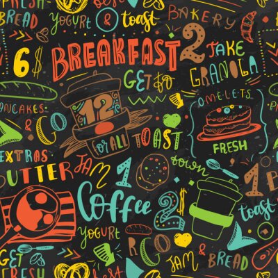 Behang Kleurrijk Ontbijt naadloze patroon ontwerpsjabloon. Moderne belettering met schets iconen van voedsel op schoolbord achtergrond. Restaurant, café identiteit sjabloon.