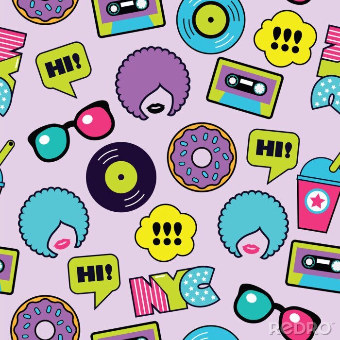 Behang kleurrijk pop-art naadloos Amerikaans patroon met flarden en stickers
