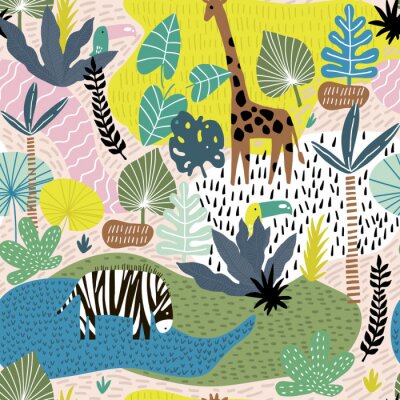 Behang Kleurrijk tropisch patroon met safaridieren