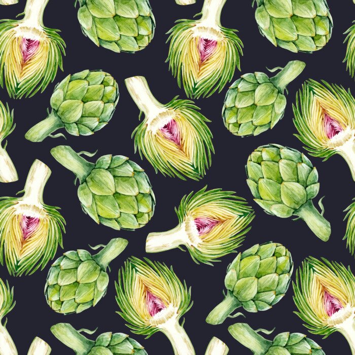 Behang Kleurrijke artisjokken op een zwarte achtergrond