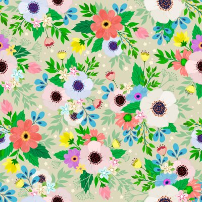 Behang Kleurrijke bloemen en groene bladeren in shabby chic stijl