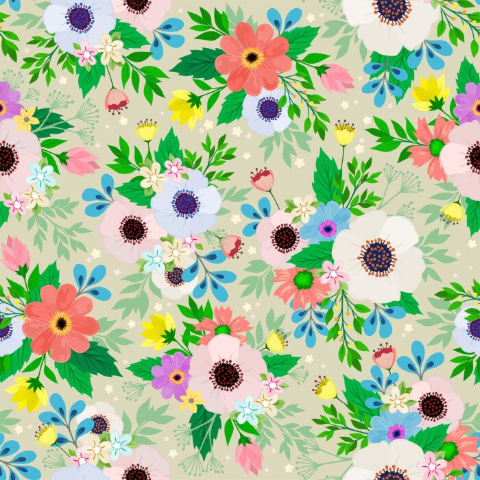 Behang Kleurrijke bloemen en groene bladeren in shabby chic stijl