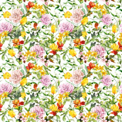 Behang Kleurrijke bloemen met groene bladeren in aquarelstijl