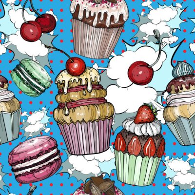 Behang Kleurrijke cupcakes en tekstballonnen in pop-artstijl