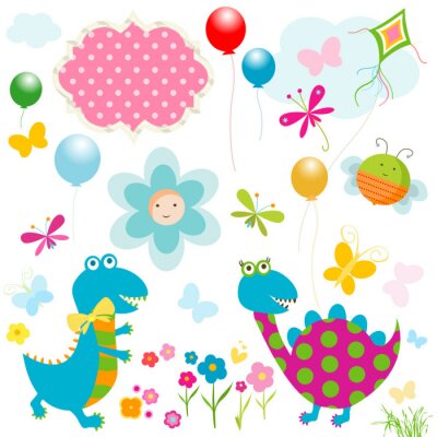 Kleurrijke dinosaurussen tussen vrolijke regenboogmotieven