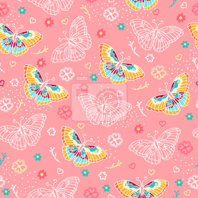 Behang Kleurrijke en witte vlinders op een roze achtergrond