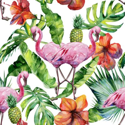 Behang Kleurrijke flamingo's en tropische bloemen
