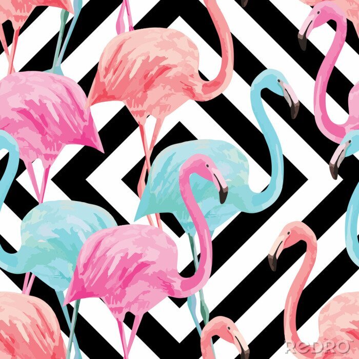 Behang Kleurrijke flamingo's op een geometrische achtergrond