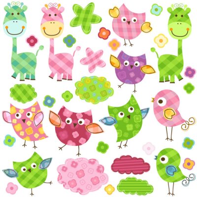 Kleurrijke girafvogels en uilen