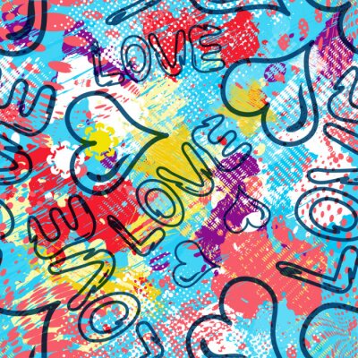 Behang Kleurrijke graffiti met inscripties en harten