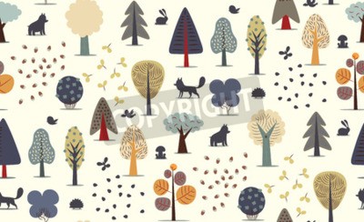 Behang Kleurrijke grafische bomen en dieren