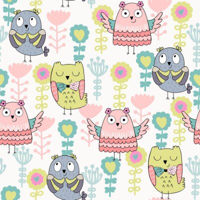 Behang Kleurrijke grafische uilen en bloemen