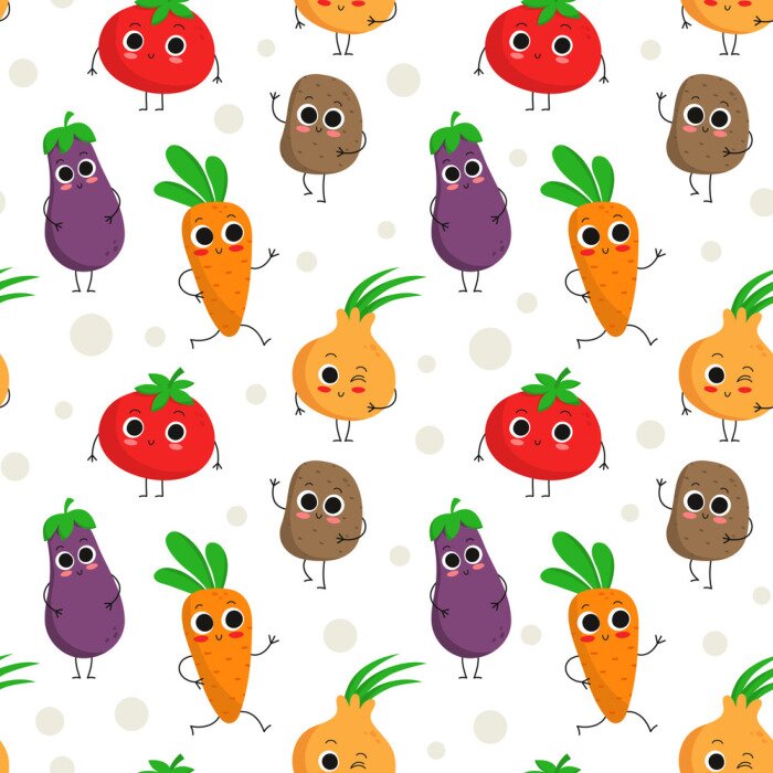 Behang Kleurrijke groenten met ogen en benen