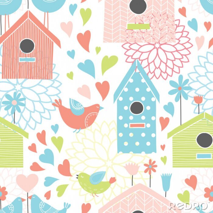 Behang Kleurrijke huizen van vogels en harten