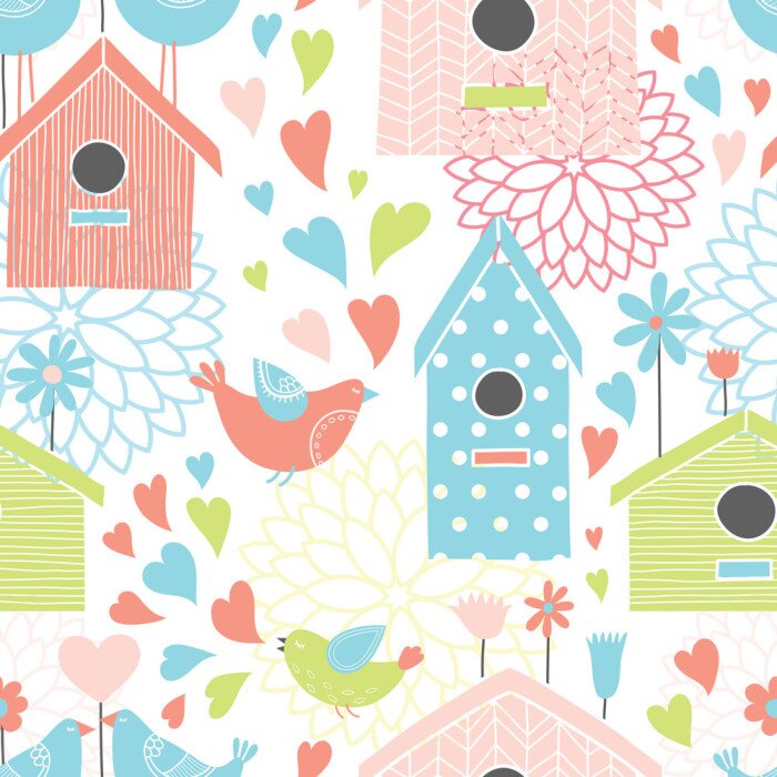 Behang Kleurrijke huizen van vogels en harten