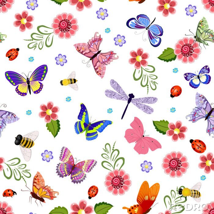 Behang Kleurrijke insecten en bloemen