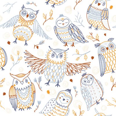 Behang Kleurrijke jongensachtige uilen op een witte achtergrond