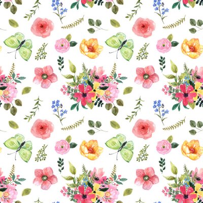 Behang Kleurrijke kleine bloemen en vlinders in shabby chic stijl