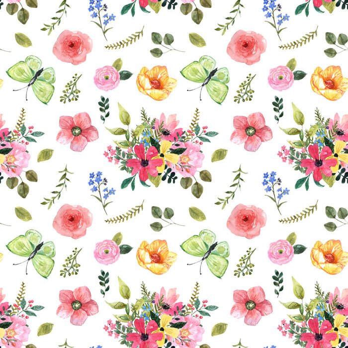 Behang Kleurrijke kleine bloemen en vlinders in shabby chic stijl