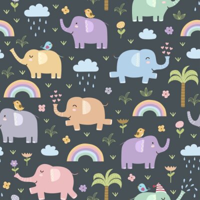 Kleurrijke olifanten, bloemen, regenbogen en wolken