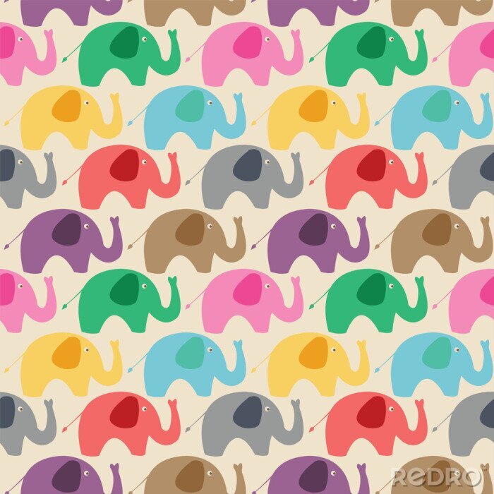 Behang Kleurrijke olifanten op een beige achtergrond