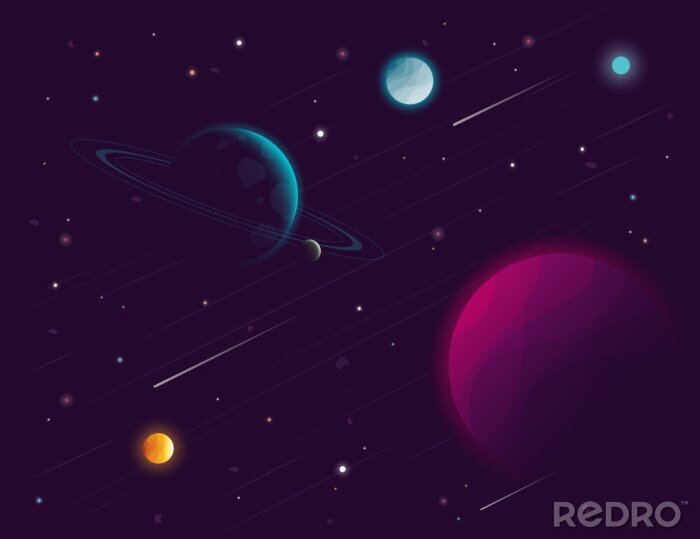 Behang Kleurrijke planeten en vallende sterren