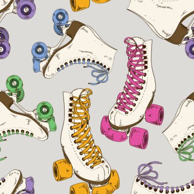 Behang Kleurrijke retro rolschaatsen op grijze achtergrond