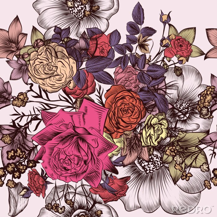 Behang Kleurrijke rozen in de kleuren roze en paars